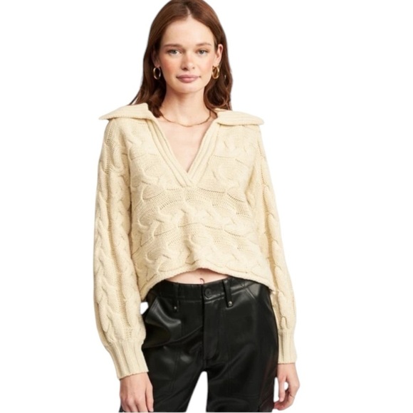 Emory Park Johnny Collar Cable Knit Crotchet Sweater- Neutral Cream- Medium - Picture 1 of 10